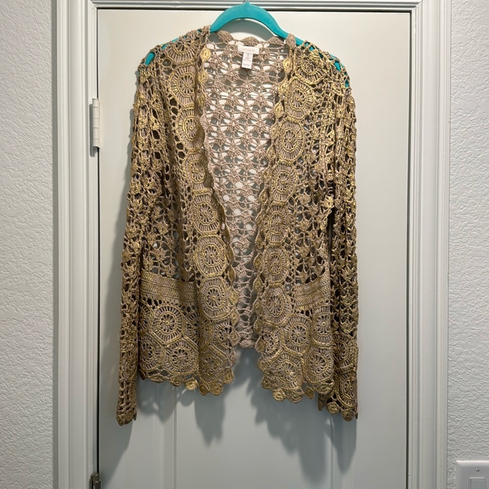Stunning Chicos, crocheted gold and beige open cardigan, long sleeves